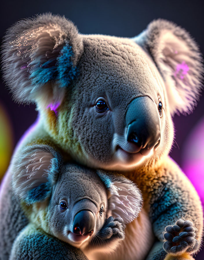 Koala and joey embrace in colorful backdrop