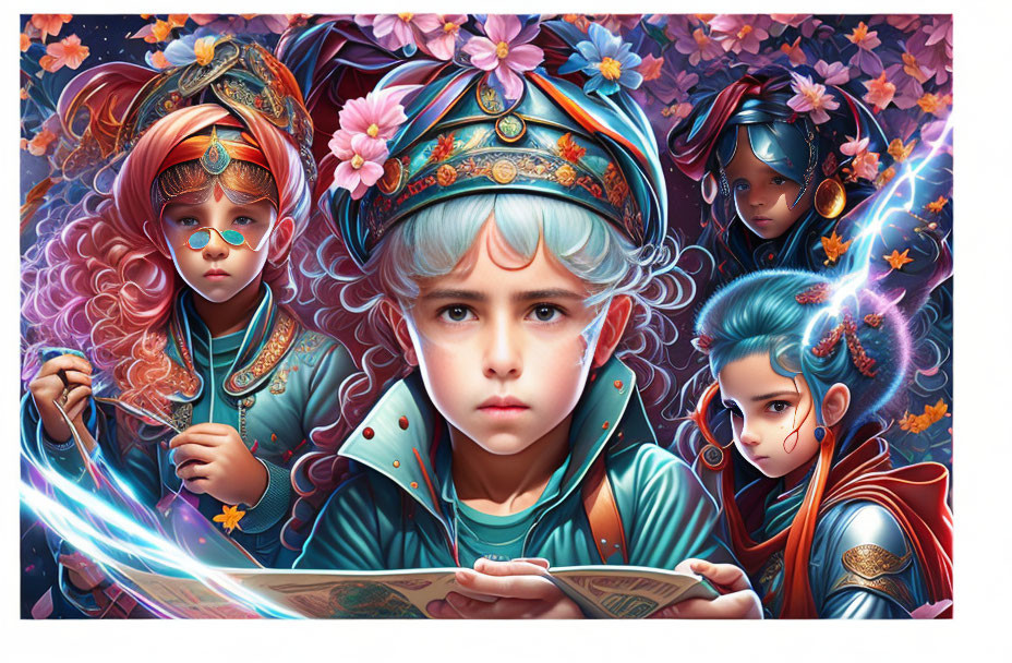 Four children in fantasy costumes with magical motifs in vibrant floral setting