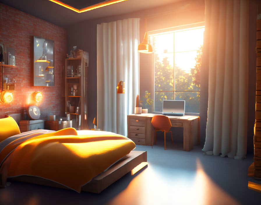 Cozy modern bedroom with warm sunset lighting, bed, desk, laptop, brick walls