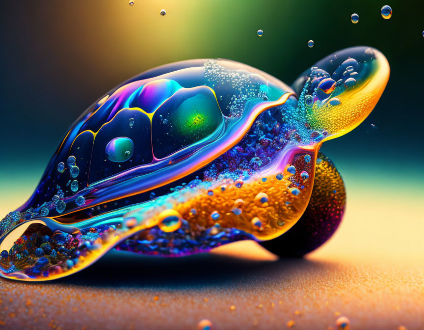 Vibrant soap bubble macro with water droplets on smooth surface