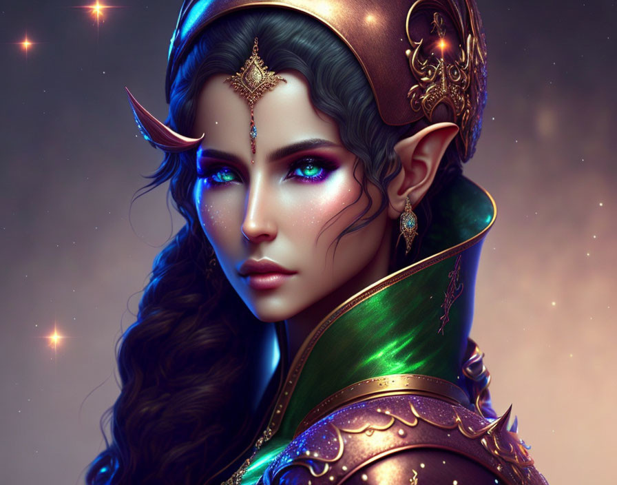 Female elf illustration: luminous eyes, pointed ears, ornate jewelry, elaborate headdress in mystical