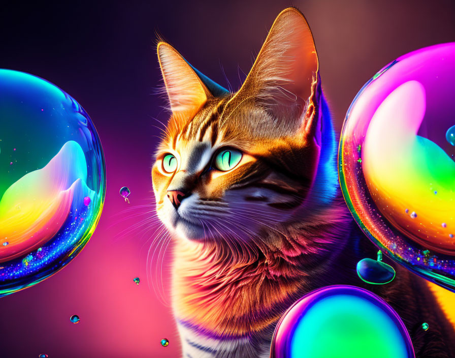 Colorful Digital Artwork: Cat with Blue Eyes and Floating Bubbles