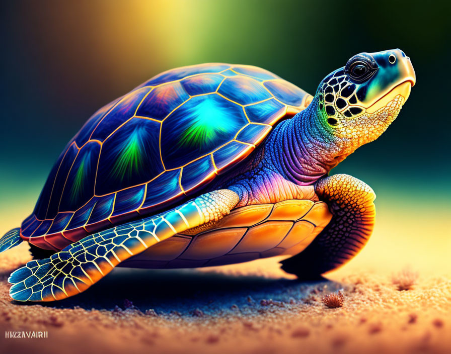 Colorful sea turtle art on sandy ground with blurred background