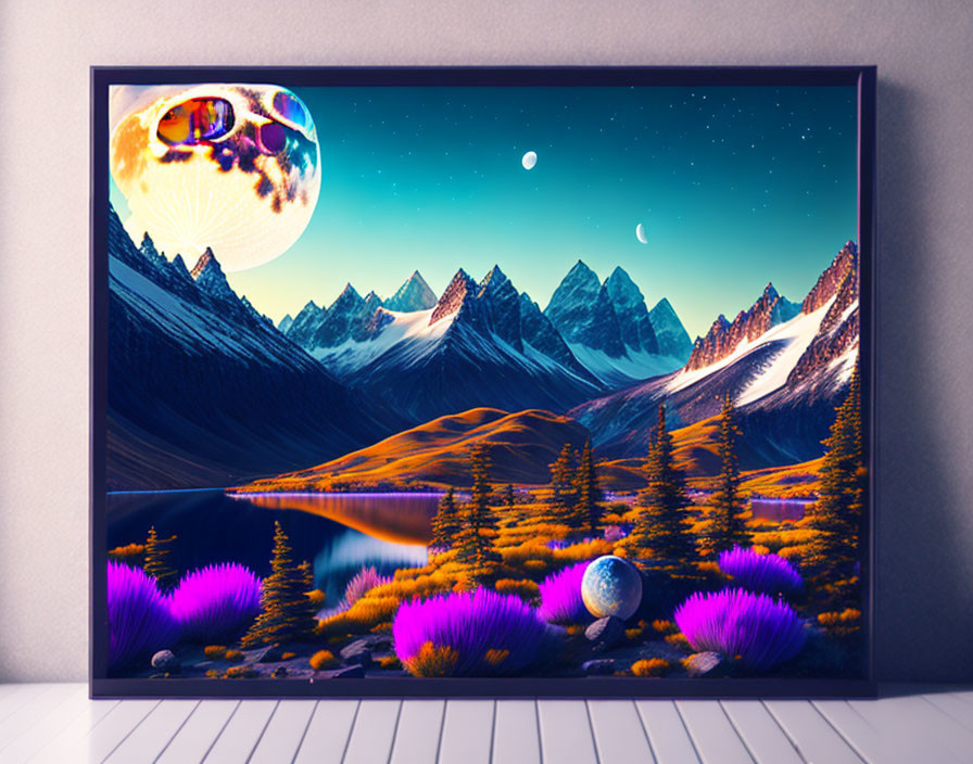 Fantasy landscape with purple flora, snow-capped mountains, serene lake, surreal sky