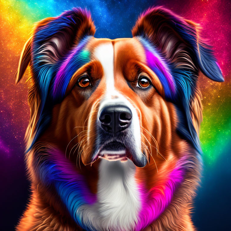 Colorful Dog Digital Art with Intense Gaze on Dark Starry Background