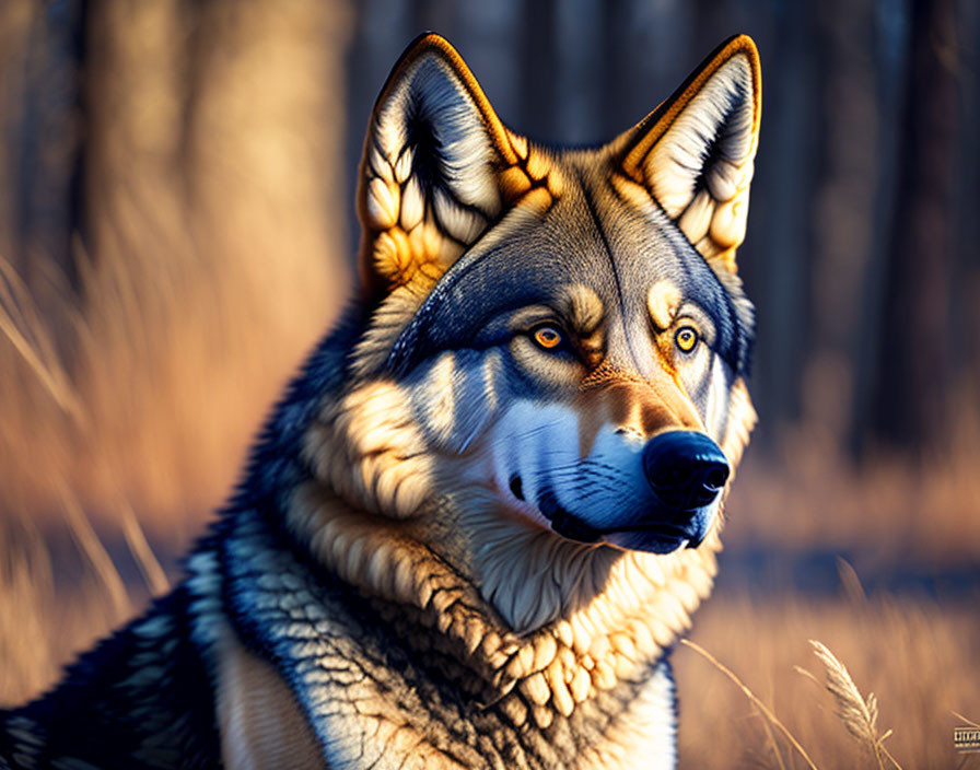 Detailed Close-Up of Intense-Eyed Wolf in Forest Setting