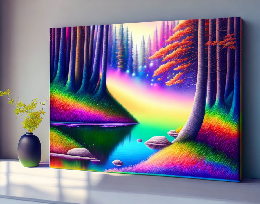 Colorful Psychedelic Landscape Painting with Vase and Flowers Displayed