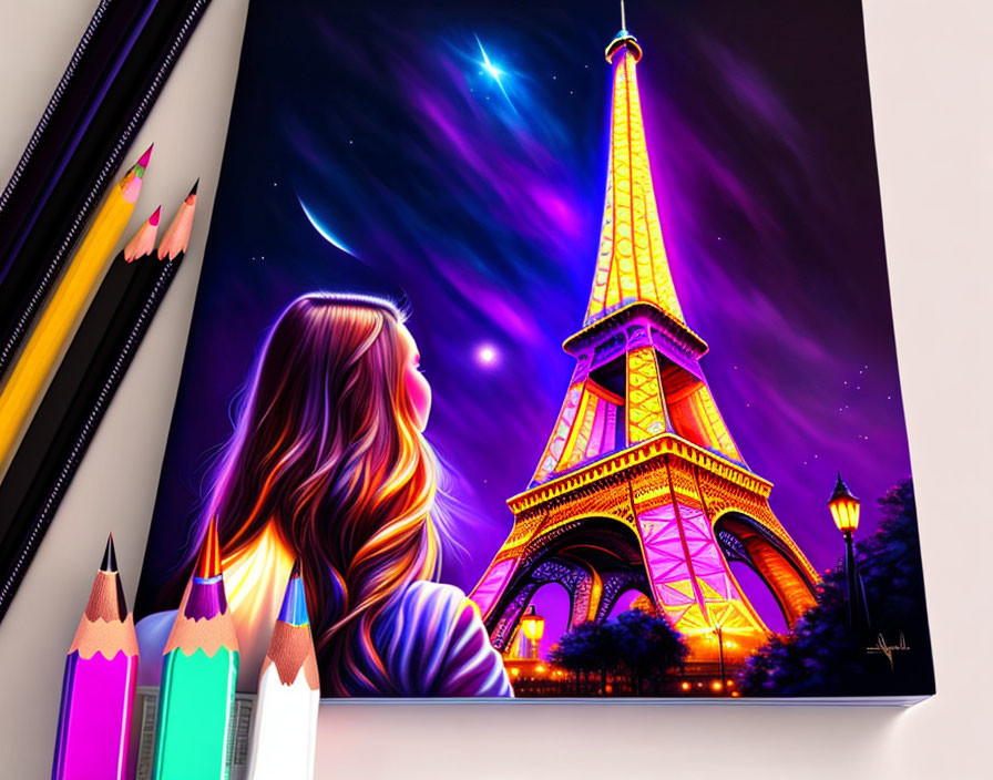 Vibrant colored pencil drawing of woman at Eiffel Tower