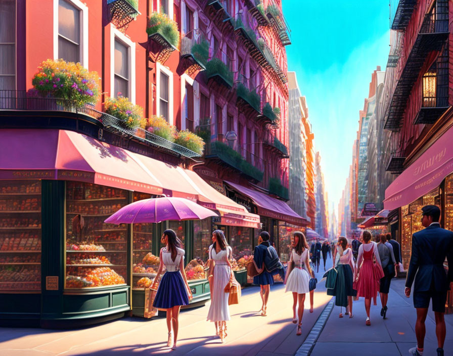 Vibrant city street scene with people, storefronts, and flower boxes.