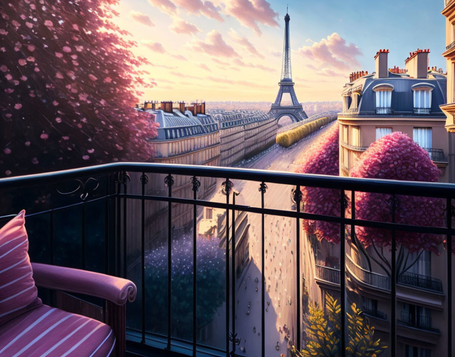 Parisian Balcony View: Blossoming Trees & Eiffel Tower at Sunrise