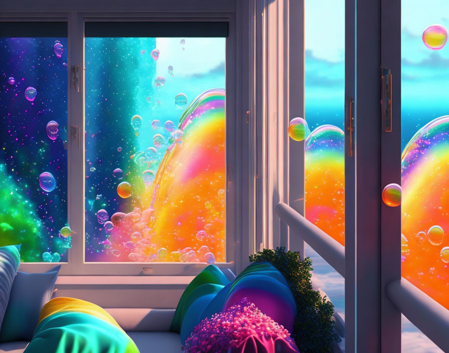 Colorful bubbles outside open window at dusk with cozy room interior pillows and bouquet