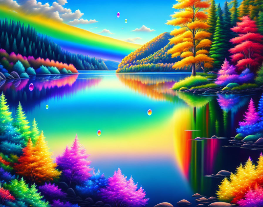 Colorful Trees Reflecting in Calm Lake Under Rainbow and Orbs