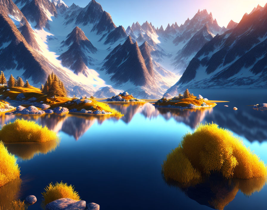 Sunset reflections on tranquil mountain lake shore with golden grass