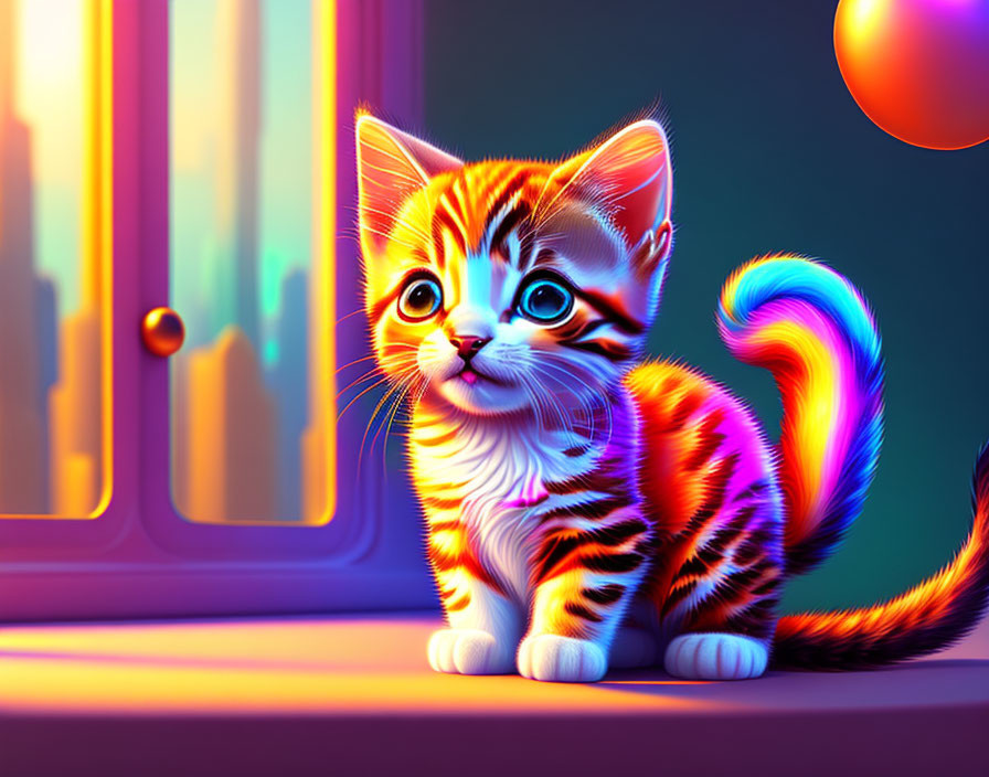 Colorful Wide-Eyed Kitten Illustration with Vibrant Stripes and Bubbles