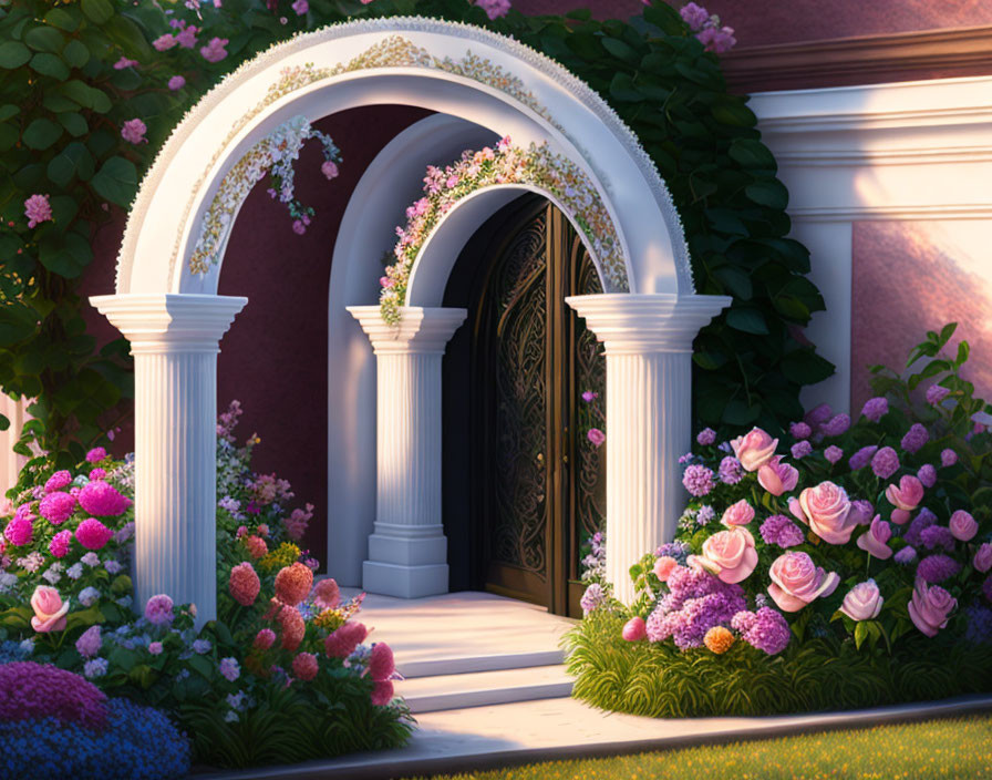 Ornate doorway with white columns, pink and purple flowers, under magical sunset glow