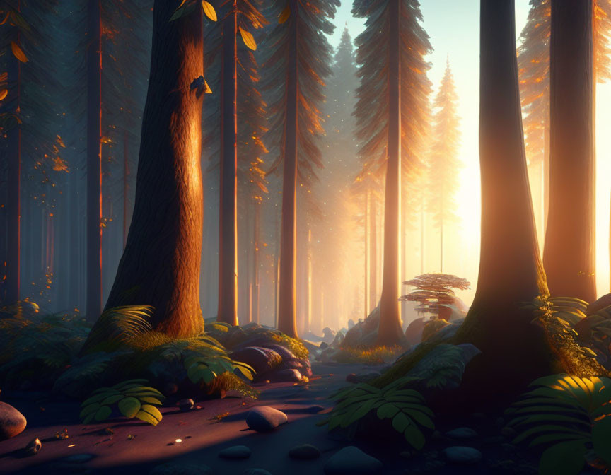 Golden sunlight filters through dense forest trees, illuminating mist and undergrowth