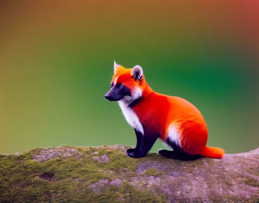 Fluffy-tailed red panda on moss-covered rock in vibrant scene