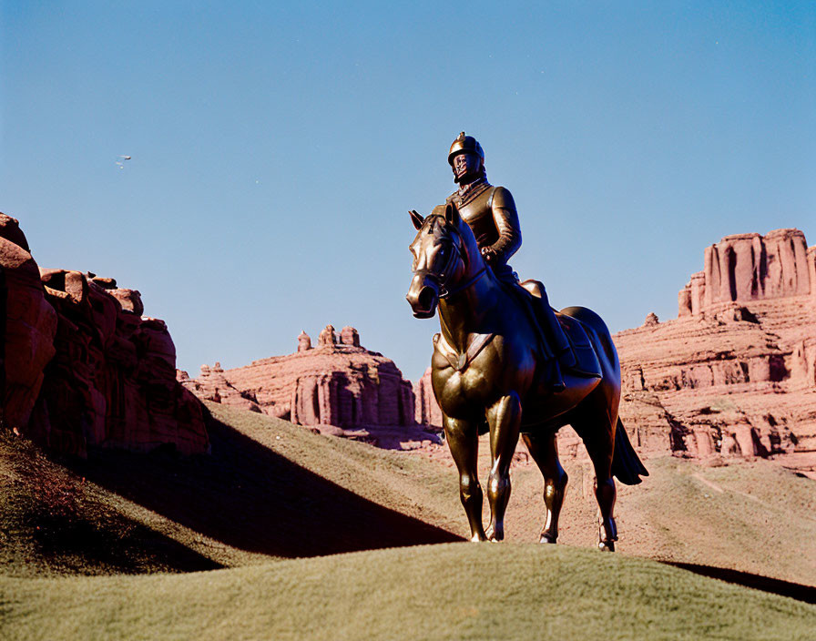 Equestrian statue against red rock formations