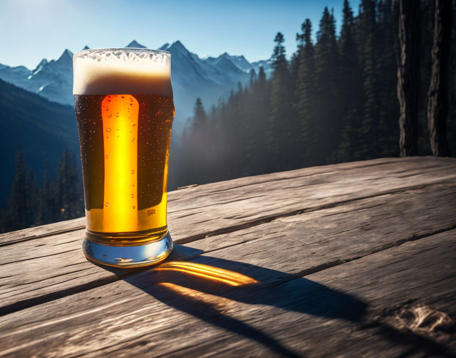 Frothy beer glass on wooden surface with misty mountains in background