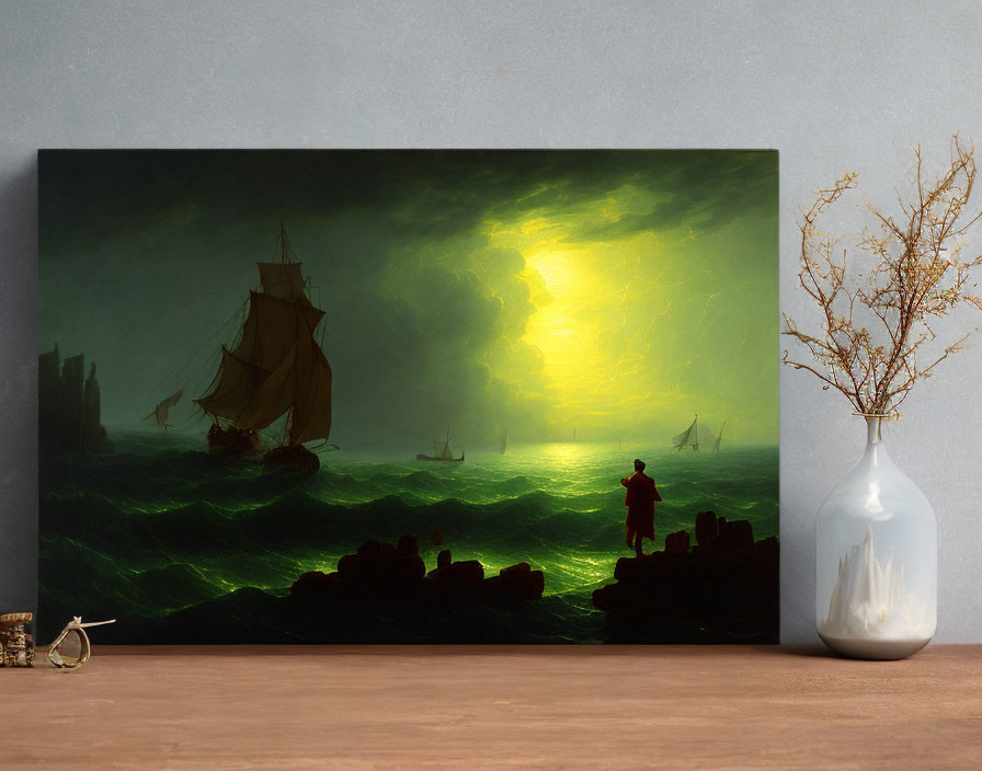 Stormy sea with ships under dramatic sky beside vase with branches