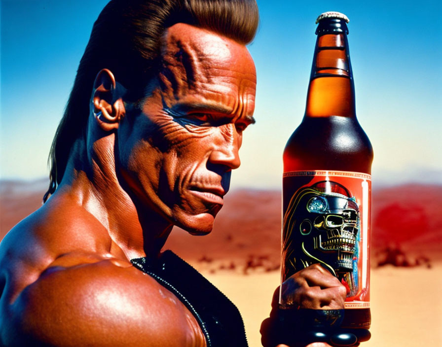 Muscular person holding beer bottle with skull label in desert.