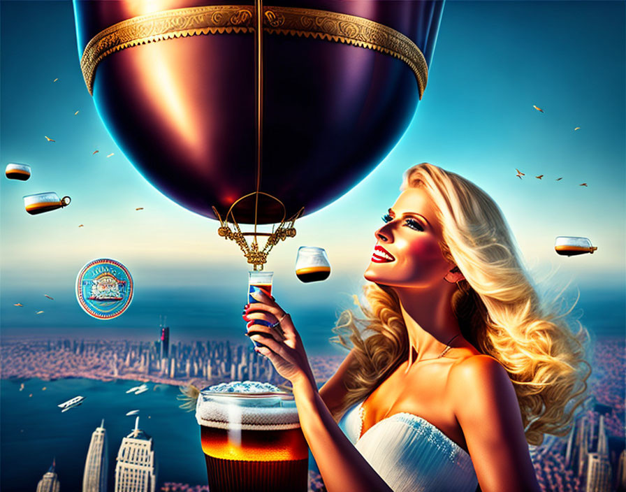 Woman toasting with beer glass in city skyline sunset scene