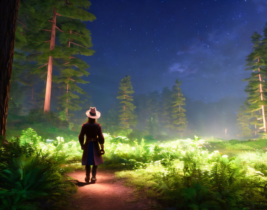 Person in hat on forest path at night with glowing plants and starry sky