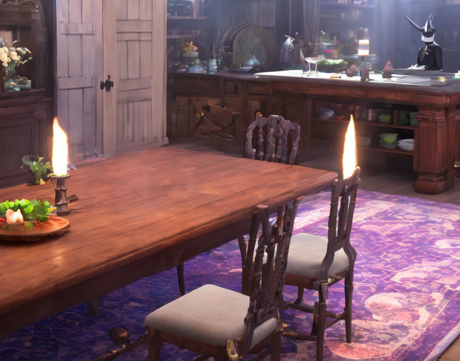 Dimly-lit dining room with wooden table, chairs, candles, and figure in black hat