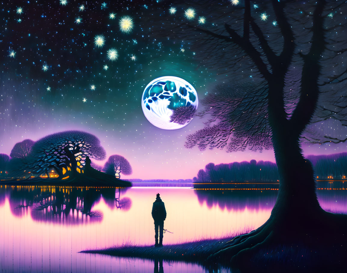 Solitary figure by lake under starry sky with oversized moon and large tree