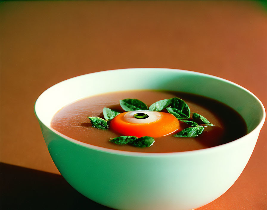 Creamy Tomato Soup with Basil and Cherry Tomato Garnish on Warm Background