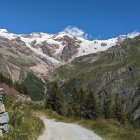 Scenic winding road through lush valley to snow-capped mountains