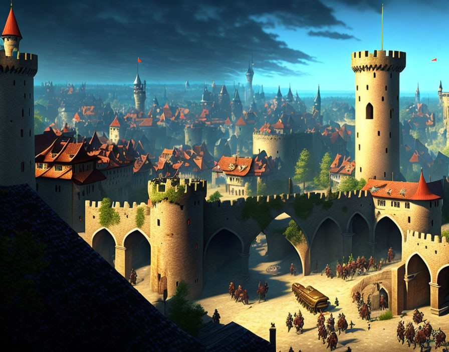 Medieval Fantasy Cityscape with Stone Walls and Soldiers