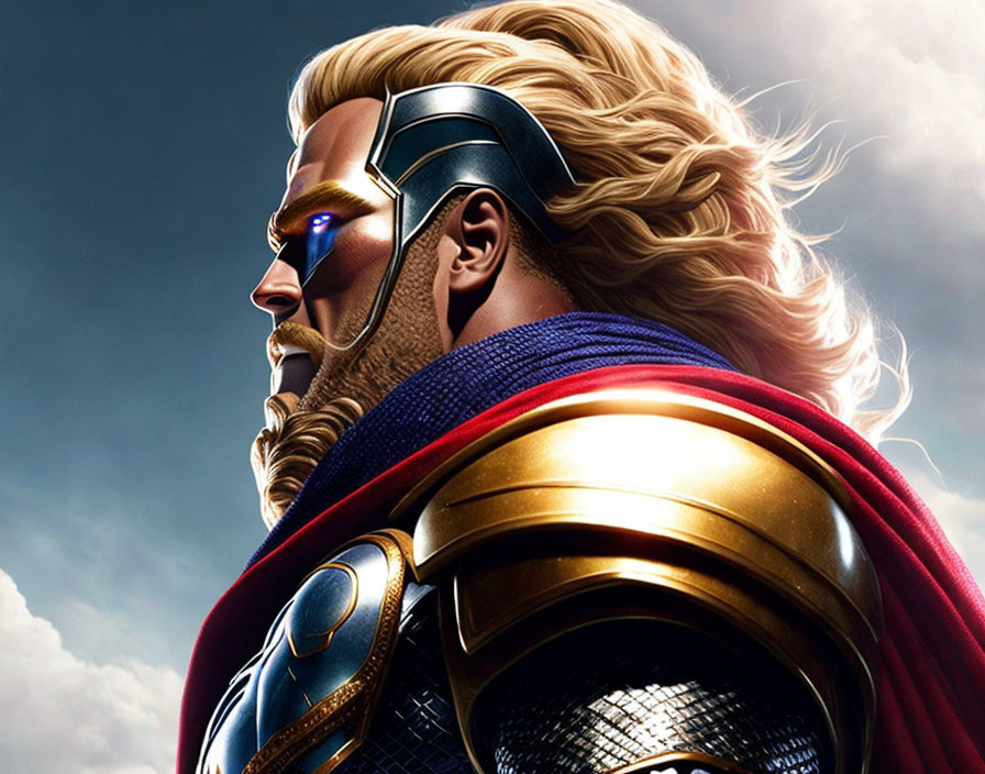 Detailed illustration of a warrior with golden helmet, blonde hair, red cape, blue armor with gold accents