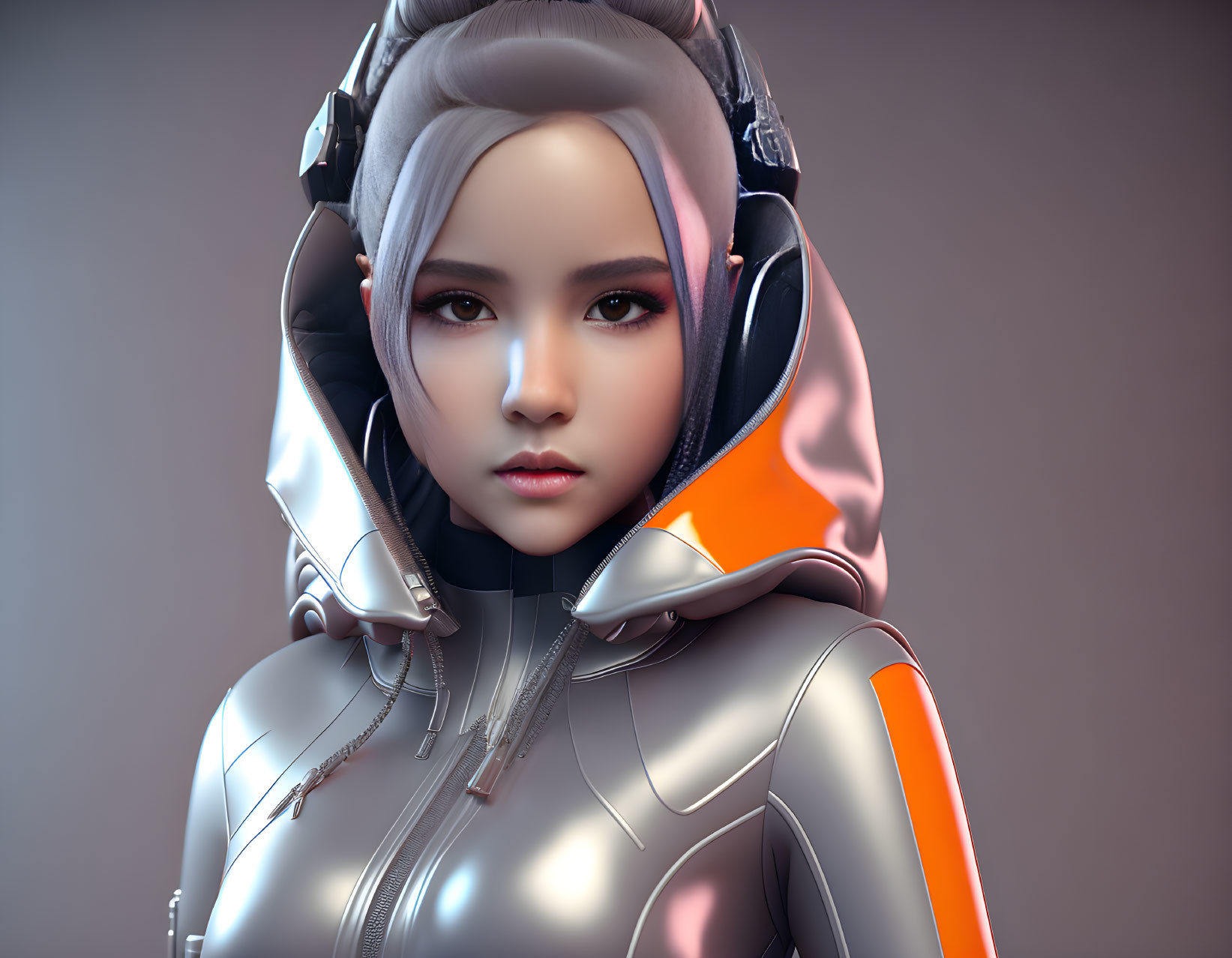 Futuristic 3D Render of Young Woman with Silver Hair in Orange Accented Suit