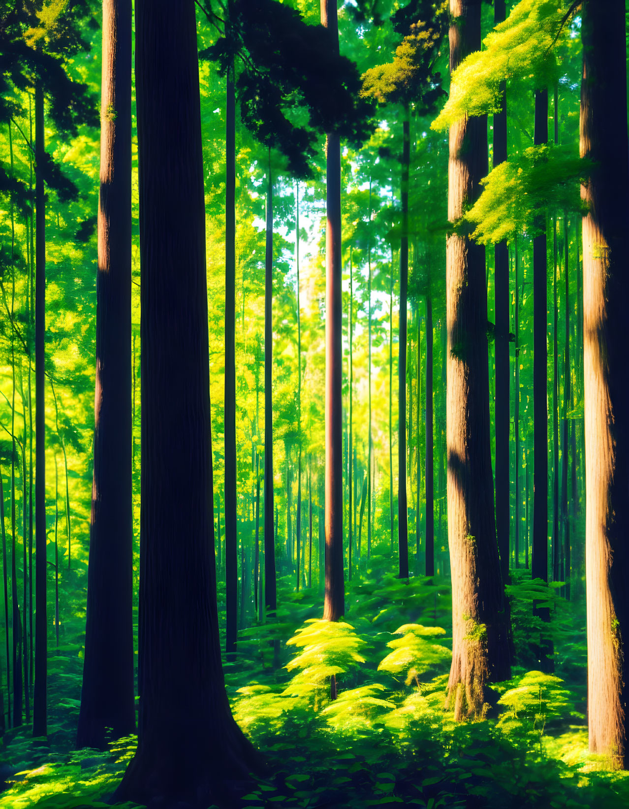 Vibrant green forest illuminated by sunlight filtering through.