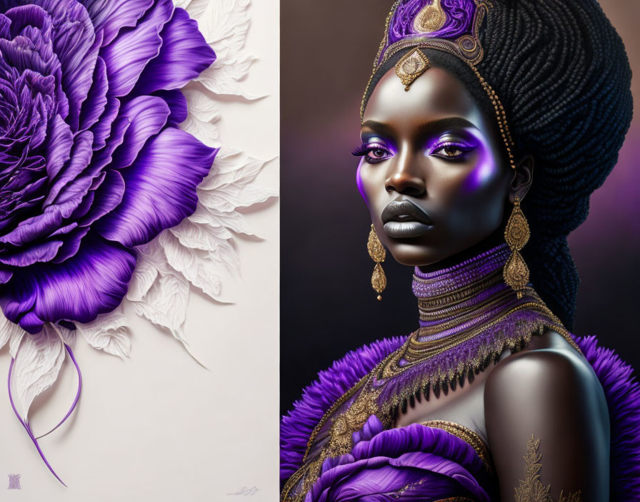 Digital artwork: Detailed purple flower & regal woman with gold and purple adornments