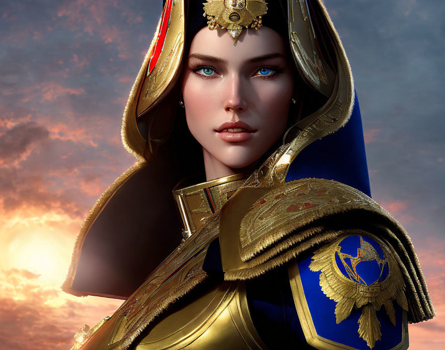 Female character in golden armor with blue cape against dusk sky