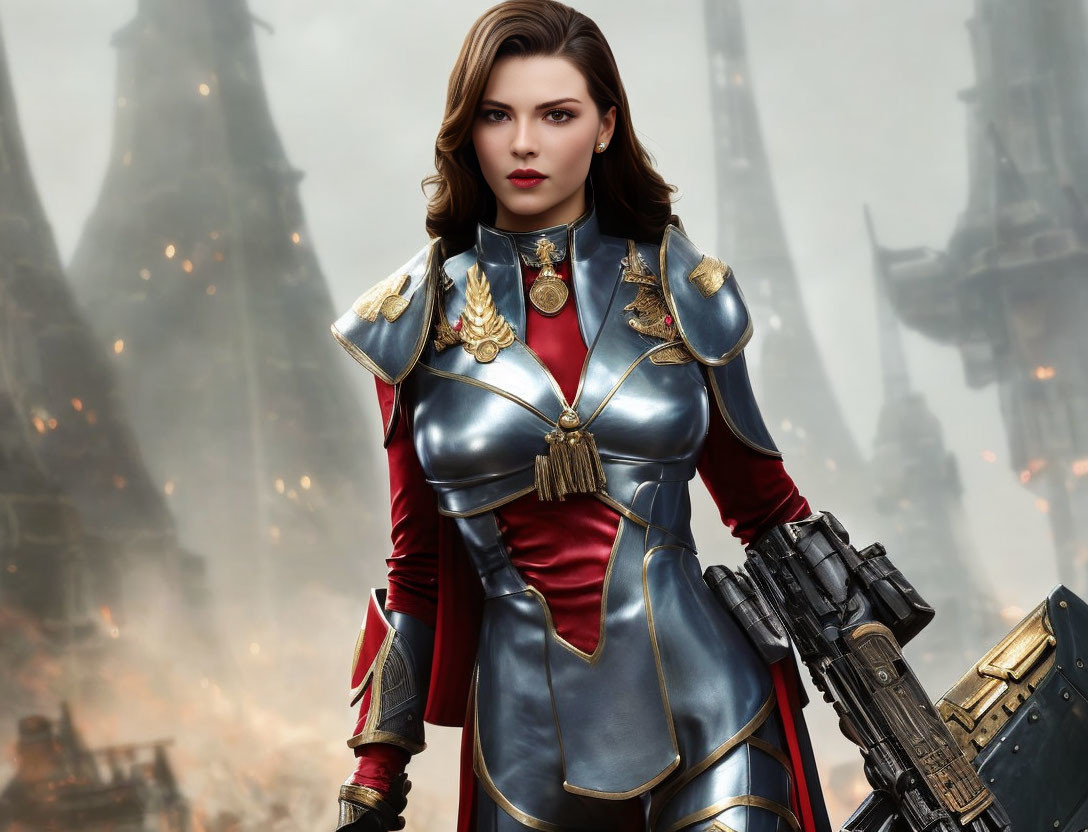 Digital artwork: Woman in red and blue armor with futuristic gun on smoky battlefield