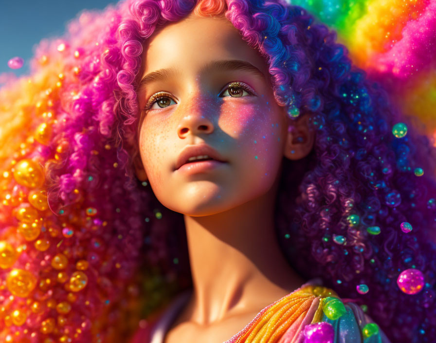 Vibrant curly rainbow hair on young girl with glittery, colorful skin