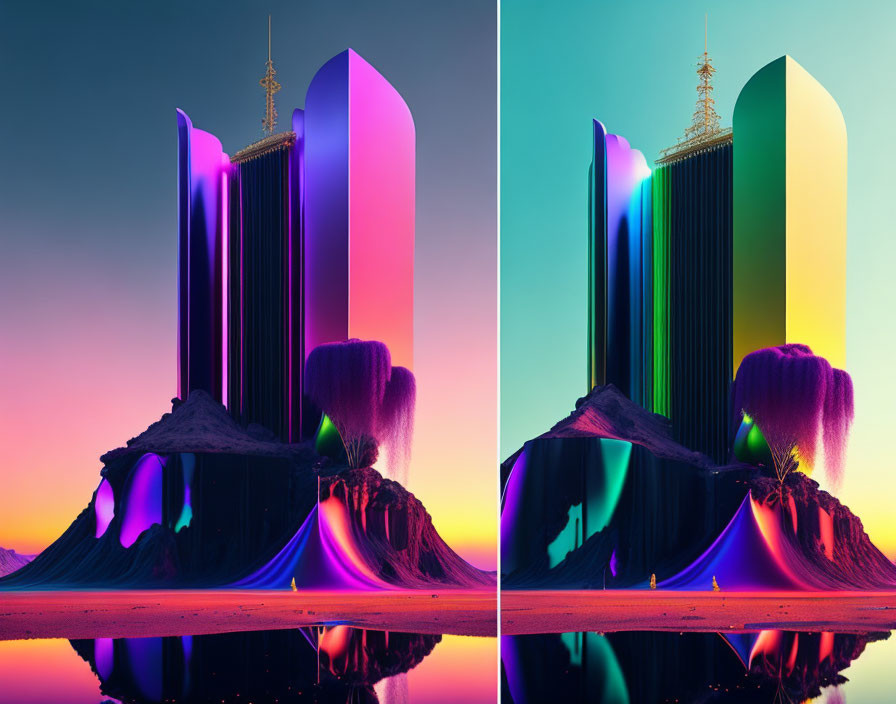 Surreal mirrored skyscrapers on mountain with waterfalls in vibrant colors