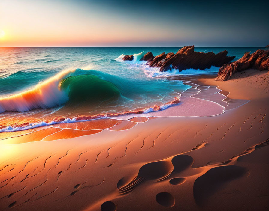 Vibrant sunset beach scene with orange sky, turquoise wave, footprints, and rocky outc