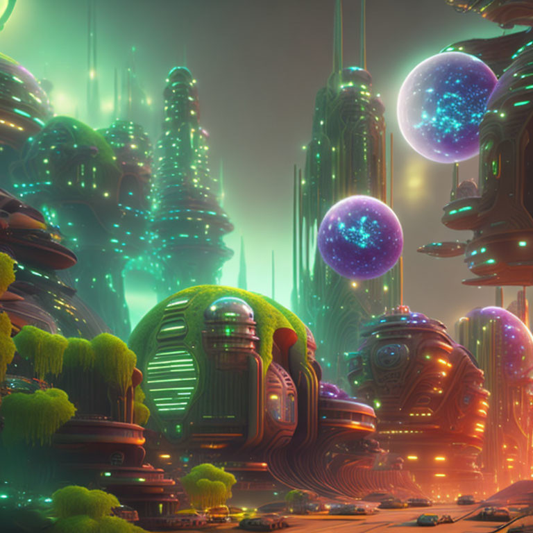 Futuristic cityscape with neon-lit skyscrapers and floating orbs