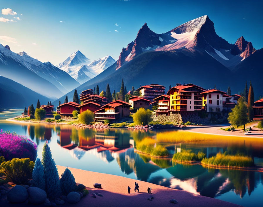 Scenic lakeside view with people, colorful flora, alpine buildings, and snow-capped mountains