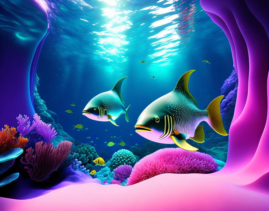 Colorful underwater scene with stylized fish and vibrant coral formations