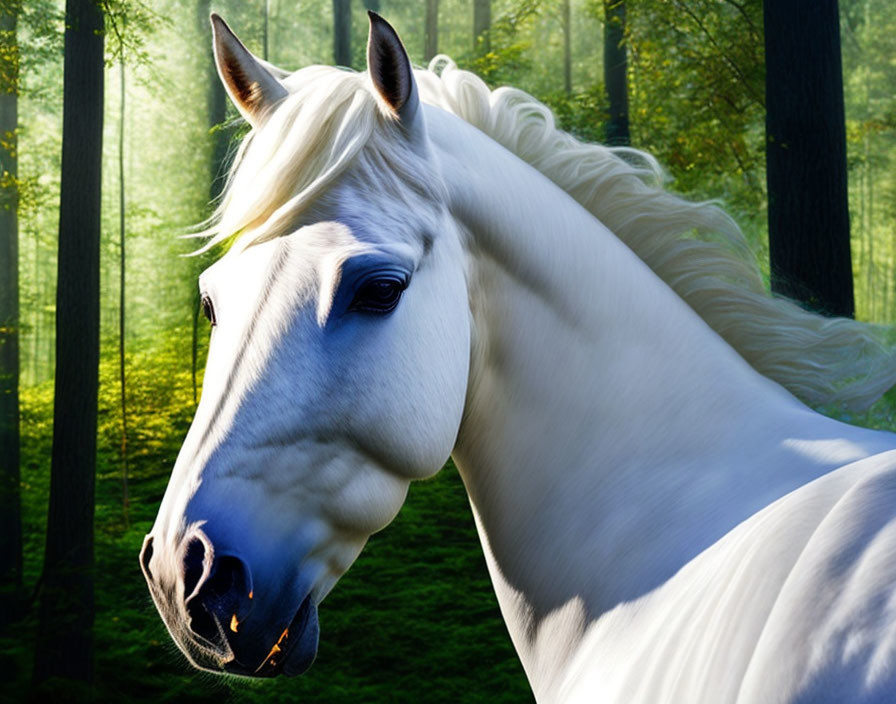 White horse with flowing mane in sunlit forest