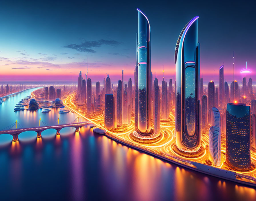 Futuristic city skyline at dusk with illuminated skyscrapers and curving highways