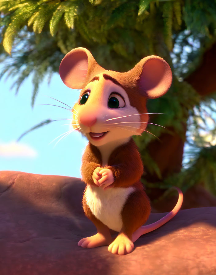Friendly animated mouse on rock with green background