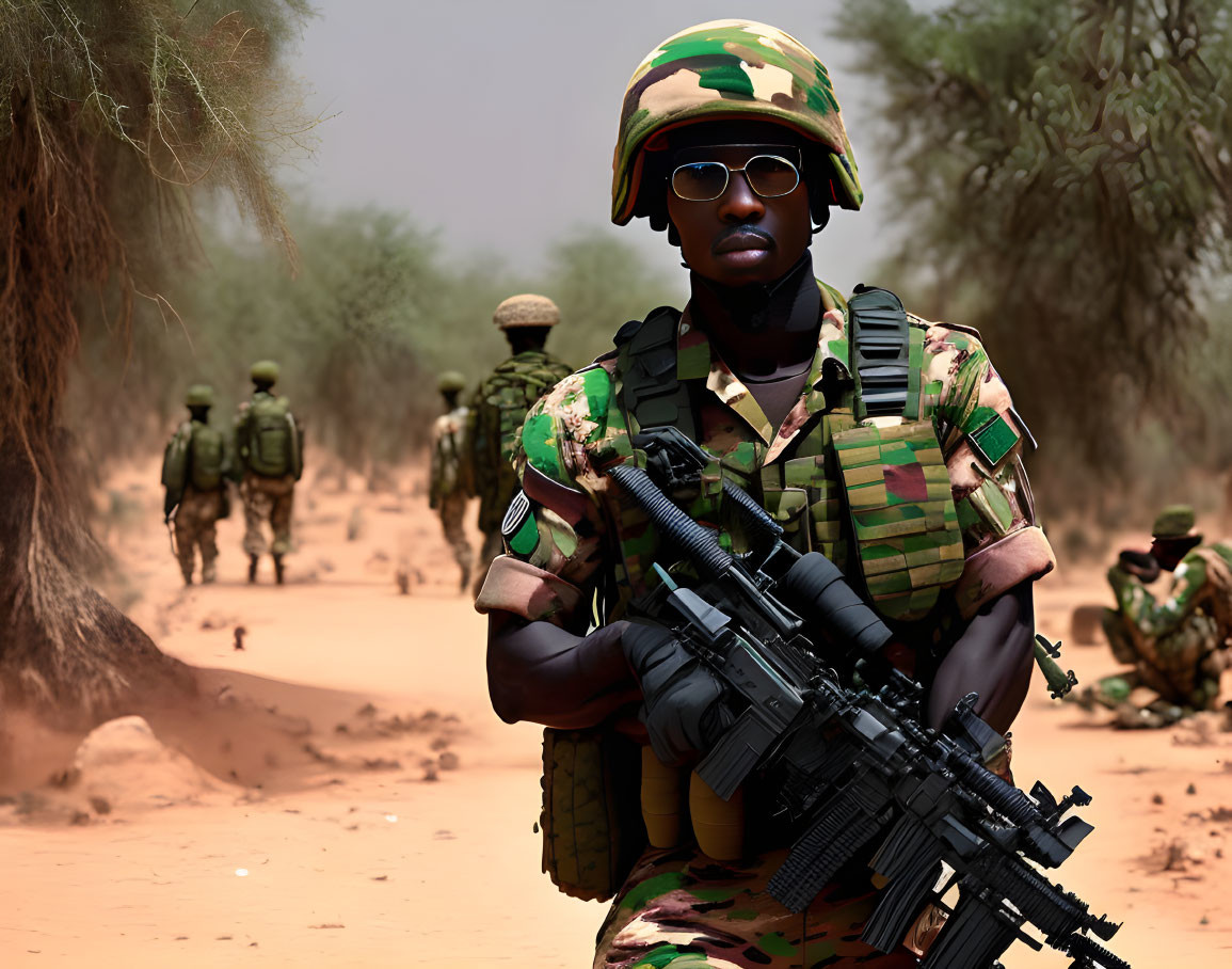 Soldier in camouflage gear with troops marching in desert landscape