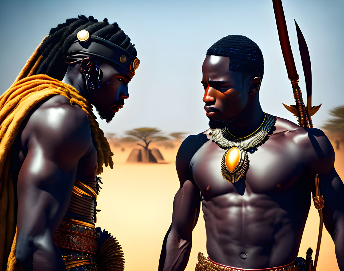 African warriors in traditional attire with spears in desert landscape