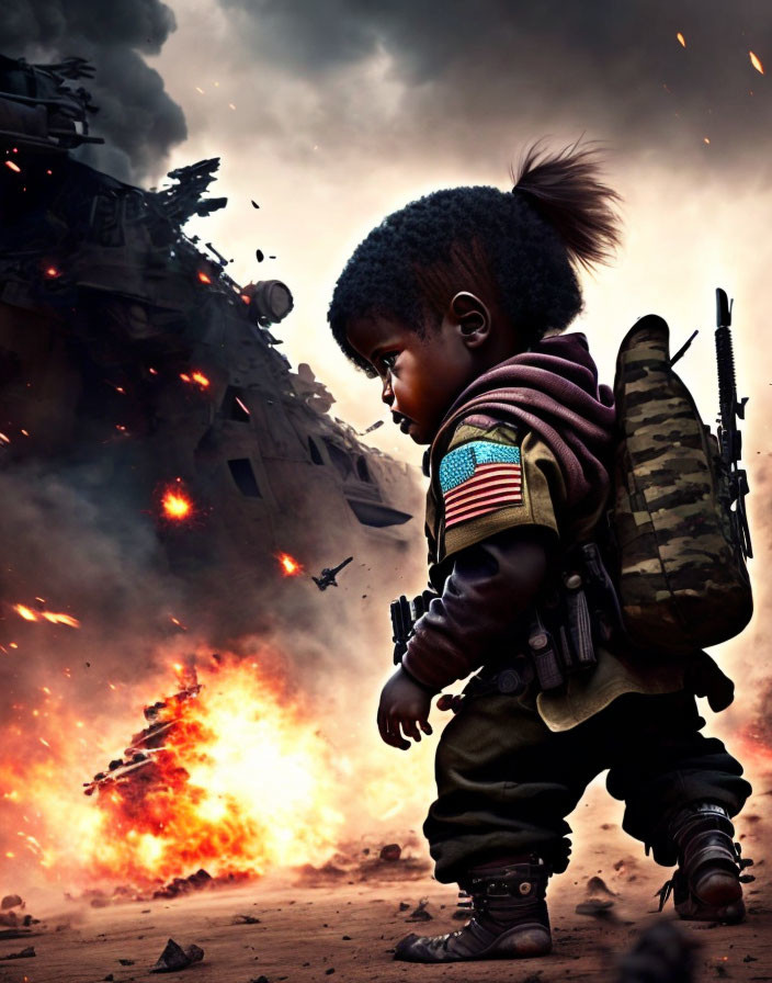 Child in military gear in war-torn setting with burning helicopter